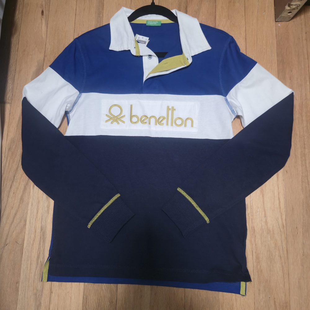 United Colors Of Benetton Rugby Shirt Vintage 90s New With Tags Blue White 168cm